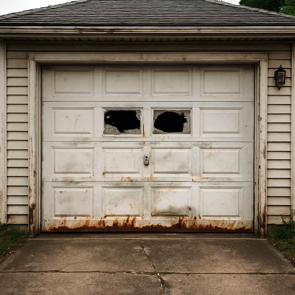 Damaged garage door before service